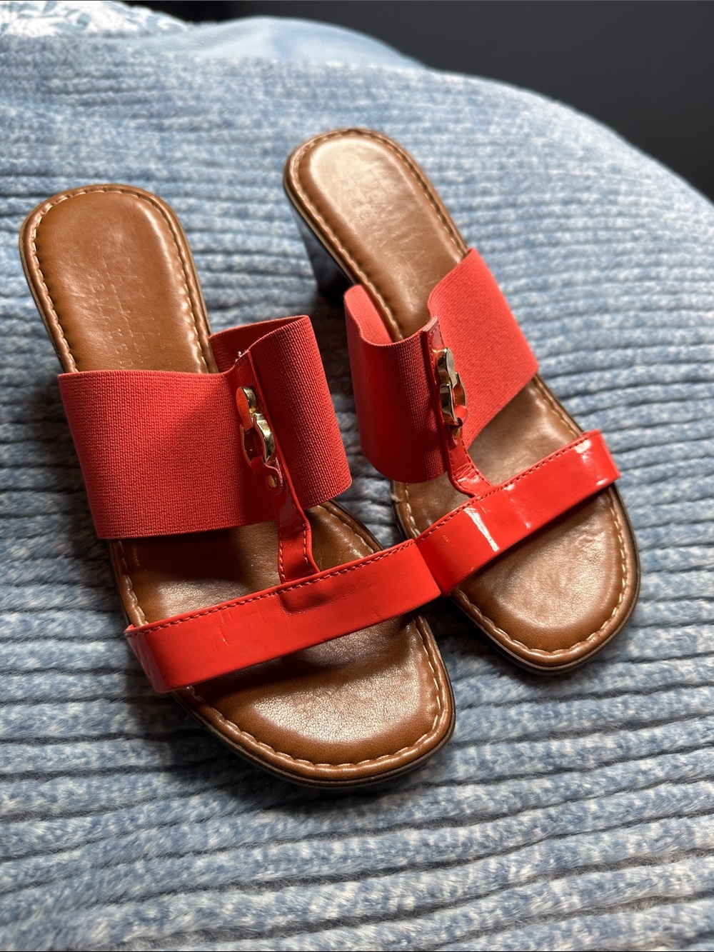 Italian Shoemakers Red Slide Sandals with Gold Hardware